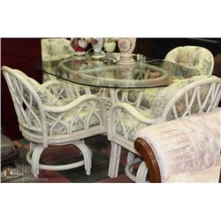 RATTAN WHITE GLASS TOP TABLE W/ 4 SWIVEL & TILT
