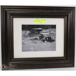 BLACK & WHITE ANTIQUE VEHICLE PRINT MATTED FRAMED