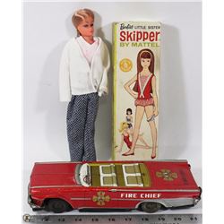 FLAT W/ VINTAGE TIN TOY AND SKIPPER DOLL