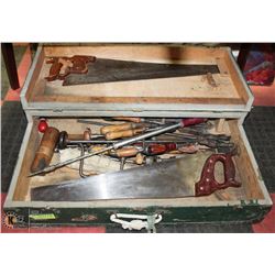 LARGE ANTIQUE TOOL BOX FULL OF ANTIQUE TOOLS