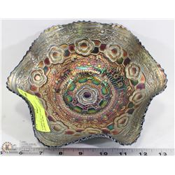 "CARNIVAL" GLASS RUFFLED EDGE FLORAL BOWL