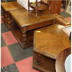 OAK HEXAGON TABLE WITH 2 MATCHING END TABLES,