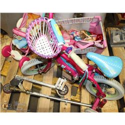 PALLET WITH GIRLS BIKE, DOLL STROLLER AND DOLLS,