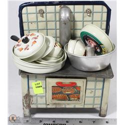 VINTAGE METAL TOY STOVE WITH ACCESSORIES