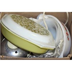 BOX OF ASST CORNINGWARE W/ VINTAGE EGG COOKER