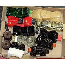 FLAT OF AVON BOTTLES WITH 2 ELECTRIC INSULATORS