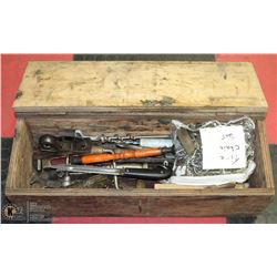 WOOD BOX OF VINTAGE TOOLS