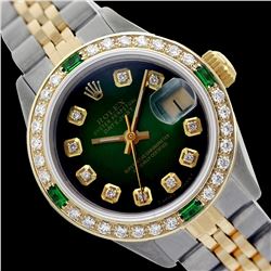 Rolex Ladies Two Tone 14K Gold/SS, Diam Dial & Diam/Emerald Bezel, Saph Crystal - REF-368H7W