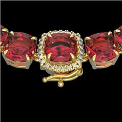 100 CTW Pink Tourmaline & VS/SI Diamond Halo Micro Necklace 14K Yellow Gold - REF-982N4Y - 23358