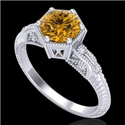 1.17 CTW Intense Fancy Yellow Diamond Engagement Art Deco Ring 18K White Gold - REF-180H2W - 38036