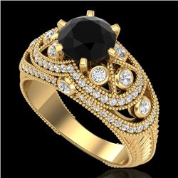 2 CTW Fancy Black Diamond Solitaire Engagement Art Deco Ring 18K Yellow Gold - REF-172R8K - 37977