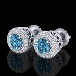 1.55 CTW Fancy Intense Blue Diamond Art Deco Stud Earrings 18K White Gold - REF-169Y3N - 37656