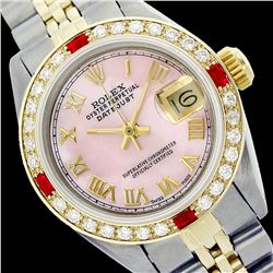 Rolex Men's Two Tone 14K Gold/SS, QuickSet, Roman Dial with Diam/Ruby Bezel - REF-452N7F