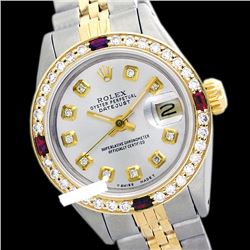 Rolex Ladies Two Tone 14K Gold/SS, Diam Dial & Diam/Ruby Bezel, Saph Crystal - REF-363H3W