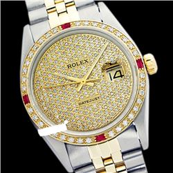 Rolex Men's Two Tone 14K Gold/SS, QuickSet, Diam Pave Dial & Diam/Ruby Bezel - REF-572Z7Y