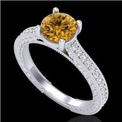 1.45 CTW Intense Fancy Yellow Diamond Engagement Art Deco Ring 18K White Gold - REF-209F3M - 37756