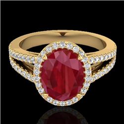 3 CTW Ruby & Micro Pave VS/SI Diamond Halo Solitaire Ring 18K Yellow Gold - REF-78W2H - 20948