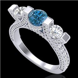 2.3 CTW Fancy Intense Blue Diamond Micro Pave 3 Stone Ring 18K White Gold - REF-236X4T - 37642
