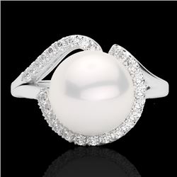 0.27 CTW VS/SI Diamond & White Pearl Designer Ring 18K White Gold - REF-50R8K - 22622