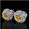 Image 1 : 1.31 CTW Intense Fancy Yellow Diamond Art Deco Stud Earrings 18K White Gold - REF-149M3F - 37560