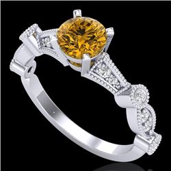 1.03 CTW Intense Fancy Yellow Diamond Engagement Art Deco Ring 18K White Gold - REF-121M8F - 37679