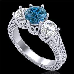 2.01 CTW Fancy Intense Blue Diamond Art Deco 3 Stone Ring 18K White Gold - REF-343F6M - 37579