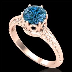 1 CTW Intense Blue Diamond Solitaire Engagement Art Deco Ring 18K Rose Gold - REF-180Y2N - 38119