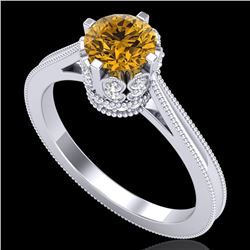 1.14 CTW Intense Fancy Yellow Diamond Engagement Art Deco Ring 18K White Gold - REF-136T4X - 37343