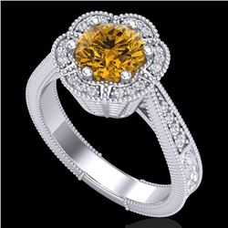 1.33 CTW Intense Fancy Yellow Diamond Engagement Art Deco Ring 18K White Gold - REF-227Y3N - 37959