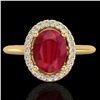 Image 1 : 2 CTW Ruby & Micro Pave VS/SI Diamond Ring Solitaire Halo 18K Yellow Gold - REF-56M9F - 21019