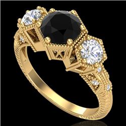 1.66 CTW Fancy Black Diamond Solitaire Art Deco 3 Stone Ring 18K Yellow Gold - REF-123Y3N - 38054
