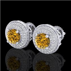 2.35 CTW Intense Fancy Yellow Diamond Art Deco Stud Earrings 18K White Gold - REF-236Y4N - 38134