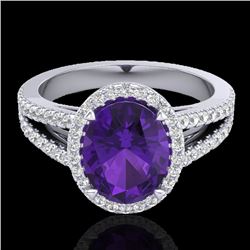 3 CTW Amethyst & Micro VS/SI Diamond Halo Solitaire Ring 18K White Gold - REF-67H6W - 20927
