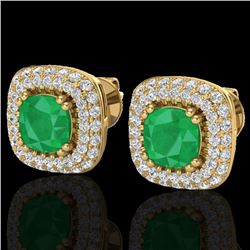 2.16 CTW Emerald & Micro VS/SI Diamond Earrings Double Halo 18K Yellow Gold - REF-105W6H - 20345