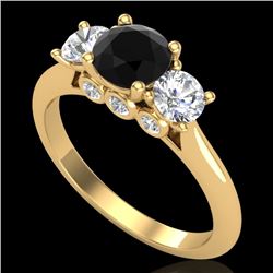 1.5 CTW Fancy Black Diamond Solitaire Art Deco 3 Stone Ring 18K Yellow Gold - REF-136X4T - 38264