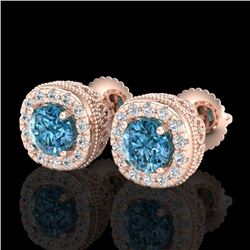 1.69 CTW Fancy Intense Blue Diamond Art Deco Stud Earrings 18K Rose Gold - REF-180M2F - 37993