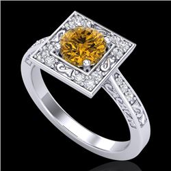 1.1 CTW Intense Fancy Yellow Diamond Engagement Art Deco Ring 18K White Gold - REF-140H9W - 38155