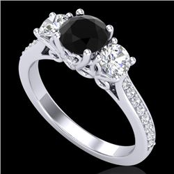 1.67 CTW Fancy Black Diamond Solitaire Art Deco 3 Stone Ring 18K White Gold - REF-156X4T - 37807