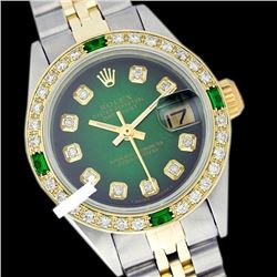 Rolex Men's Two Tone 14K Gold/SS, QuickSet, Diam Dial & Diam/Emerald Bezel - REF-474W5K