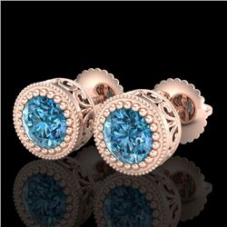 1.09 CTW Fancy Intense Blue Diamond Art Deco Stud Earrings 18K Rose Gold - REF-123K6R - 37482