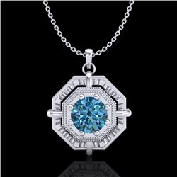 0.75 CTW Fancy Intense Blue Diamond Solitaire Art Deco Necklace 18K White Gold - REF-121X8T - 37460