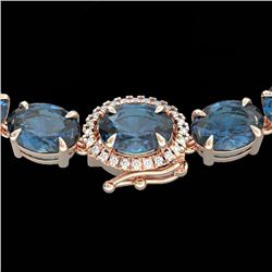 45.25 CTW London Blue Topaz & VS/SI Diamond Tennis Micro Halo Necklace 14K Rose Gold - REF-236M4F - 