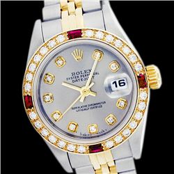 Rolex Ladies Two Tone 14K Gold/SS, Diam Dial & Diam/Ruby Bezel, Saph Crystal - REF-363X3A