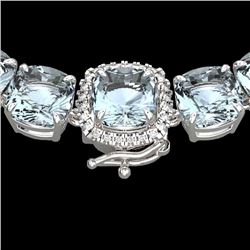 87 CTW Aquamarine & VS/SI Diamond Halo Micro Eternity Necklace 14K White Gold - REF-726M9F - 23336