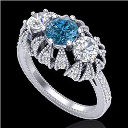 2.26 CTW Intense Blue Diamond Art Deco Micro Pave 3 Stone Ring 18K White Gold - REF-254R5K - 37747