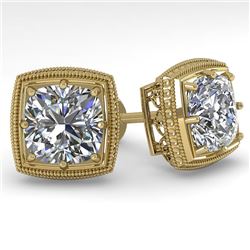 2.0 CTW VS/SI Cushion Cut Diamond Stud Earrings Deco 14K Yellow Gold - REF-512F8M - 29788