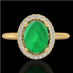 2 CTW Emerald & Micro Pave VS/SI Diamond Ring Solitaire Halo 18K Yellow Gold - REF-56H9W - 21010