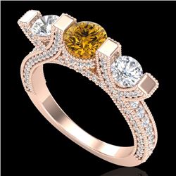 2.3 CTW Intense Fancy Yellow Diamond Micro Pave 3 Stone Ring 18K Rose Gold - REF-236N4Y - 37645