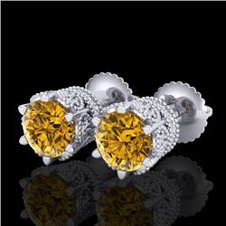 2.04 CTW Intense Fancy Yellow Diamond Art Deco Stud Earrings 18K White Gold - REF-209R3K - 38099