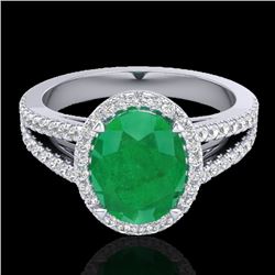 3 CTW Emerald & Micro VS/SI Diamond Halo Solitaire Ring 18K White Gold - REF-78H2W - 20938